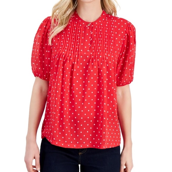 Nautica Jeans Red and White Polka Dot Pintuck Sleeve Pleated Blouse Size L - Picture 1 of 13